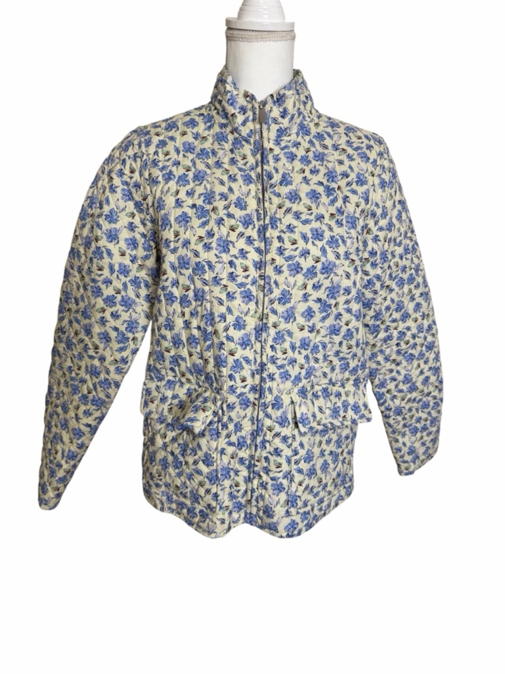 bagatelle Cream Quilted Puffer Jacket with Blue Floral Print
